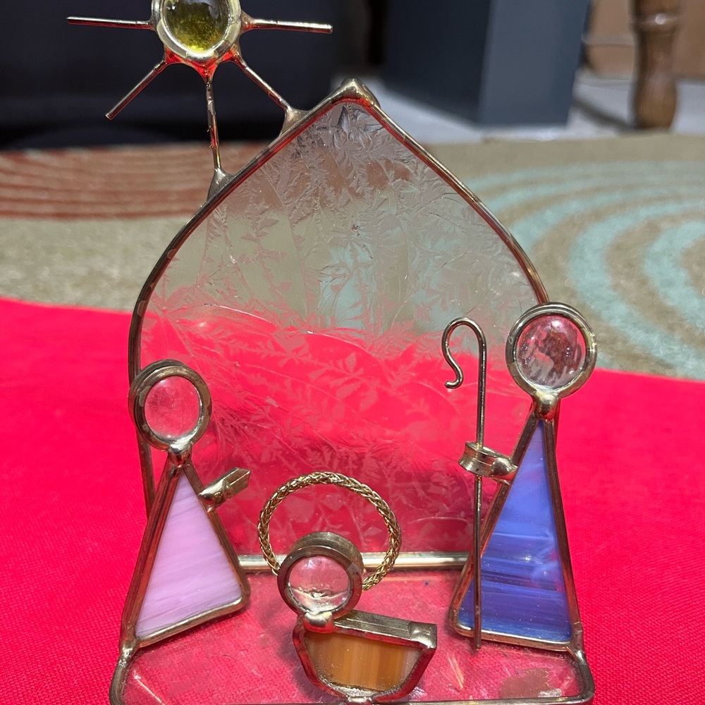 Stained Glass Nativity Scene with Gold Accents